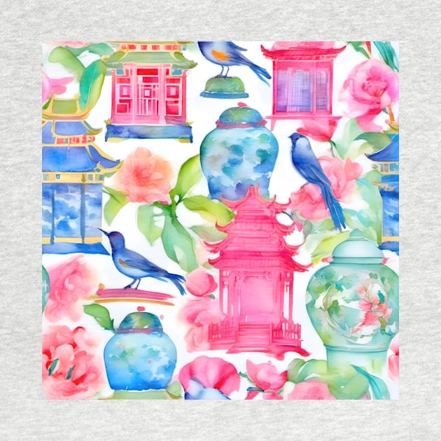 Pagodas, birds and chinoiserie jars in preppy colors by SophieClimaArt